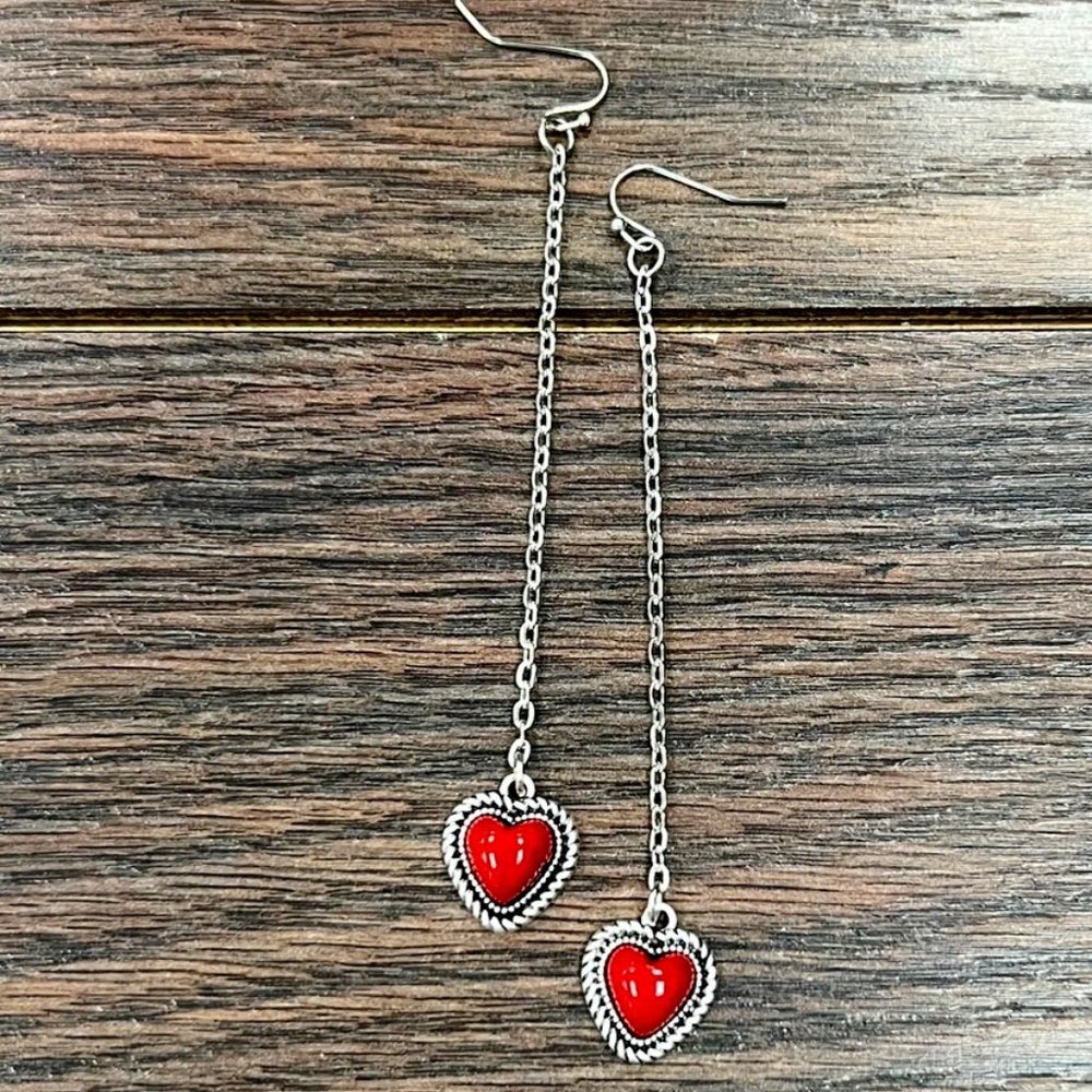 Heart Red Long Dangle Earrings